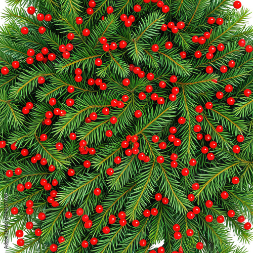 Evergreen boughs with vibrant red berries. Festive, close-up of holiday foliage
