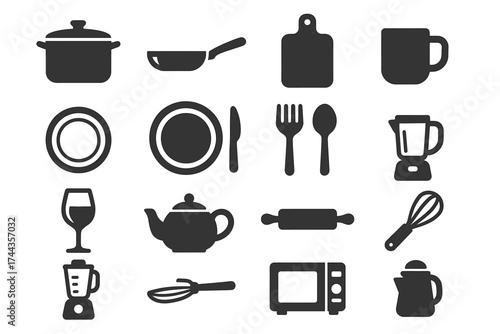 Silhouette kitchen utensils: cookware, cutlery, and appliances icons set