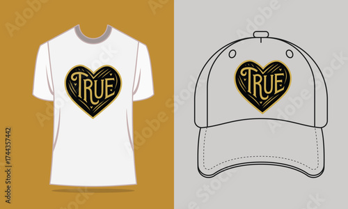 T shirt baseball cap with gold true heart graphic word text
