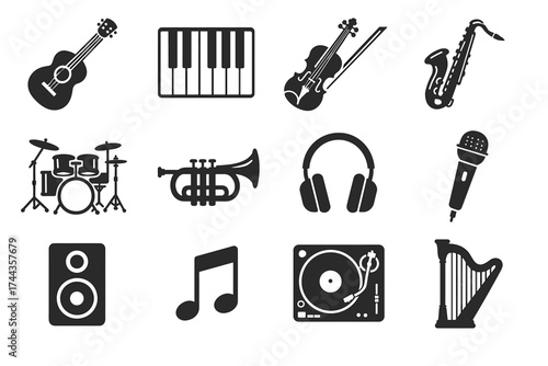 Collection of musical instrument icons including guitar, keyboard, and saxophone