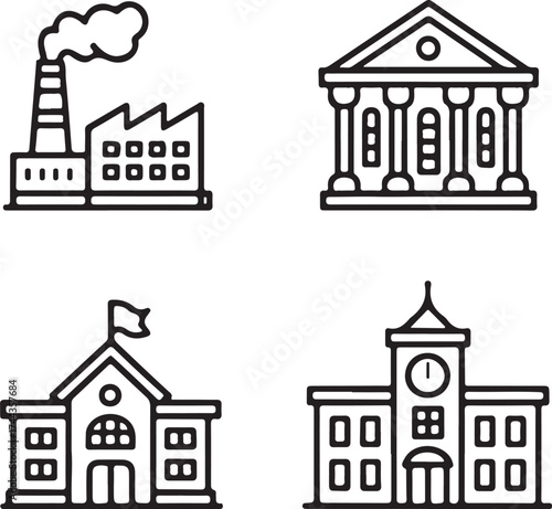 Vector illustration of buildings icons factory bank school and college