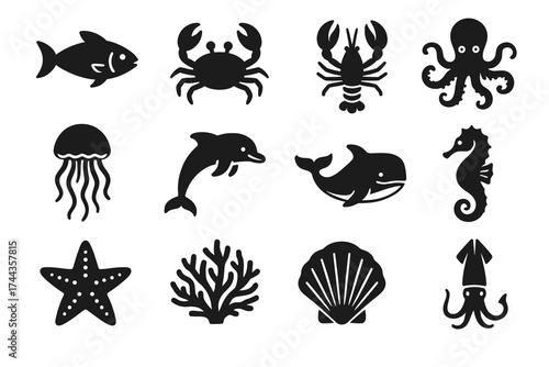Silhouette icons of marine animals: fish, crab, lobster, octopus, dolphin, starfish, seahorse
