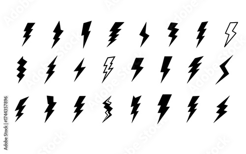 Lightning bolt icon. Flash symbol, thunderbolt, blitz lightnings strike sign. Electric energy black silhouettes, power concept. Vector isolated dynamic sports logo set 