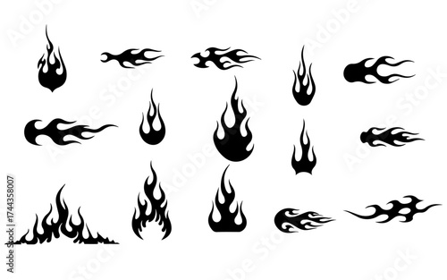 Flame decal. Fire abstract black silhouette flames for race car or tattoo. Tribal flame hotrod car vinyl decals and motorcycle airbrush stencil. Burning element vector set