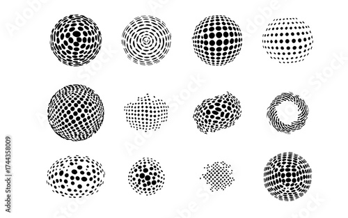 Halftone Dot Sphere and Geometric Shape Vector Set. Abstract Black and White Dispersed Circle Collection. Modern Digital Background Elements for Technology, Science, Data, and Corporate Branding.

