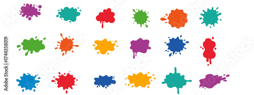 Color ink blots. Colorful paint splatters and drips in organic splashes. Bright, playful, bold abstract graffiti spots for kids art blobs, comics, pop art design. Vector isolated set 