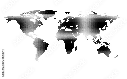 Halftone world map with dot pattern, dotted globe continents graphic, black and white Earth planet, global geography elements, digital simple travel infographics. Vector isolated concept