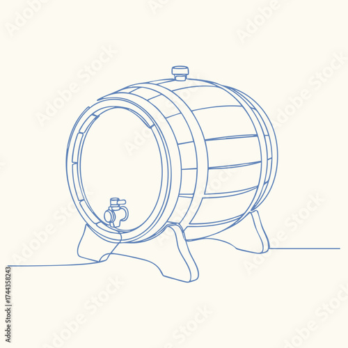 Detailed line drawing of a traditional wooden barrel with metal hoops and a spigot, resting on a flat for storage or aging purposes