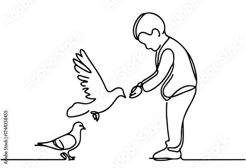 Boy feeding pigeons single line illustration