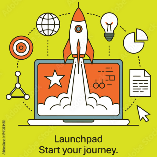 Dynamic launchpad banner design featuring a bold start your journey message and vibrant color accents