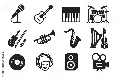 Collection of musical instrument icons including microphone, guitar, piano, and drums