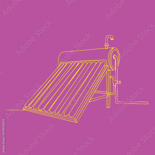 Simplified line drawing of a solar water heater with a cylindrical tank and solar collector panels on a purple