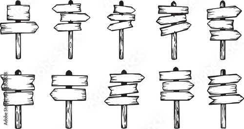 Ten hand-drawn wooden signposts with blank directional arrows and rectangular signs in various arrangements on white background also transparent background