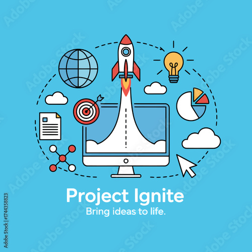 Rocket launching from computer screen symbolizing project ignition and idea development
