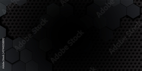 3d hexagonal abstract metal black background with neon light. dark banner template for web and wallpaper