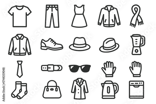 Collection of clothing and accessories icons: outfits, shoes, hats, bags, appliances, and more