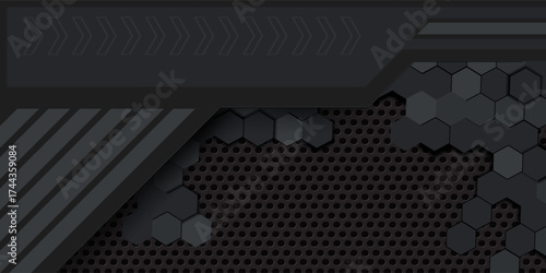 Dark gray and red horizontal hexagonal technology abstract vector background. red bright energy flashes under hexagon in futuristic modern technology wide banner. Dark gray honeycomb texture grid.