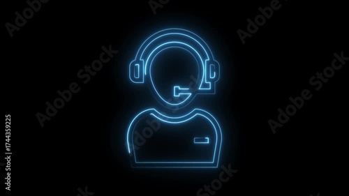 Glowing neon customer support icon animation on black background