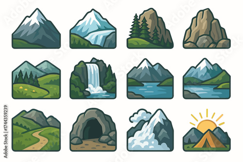 Cartoon nature icons: mountains, waterfalls, forests, caves, lakes, landscapes