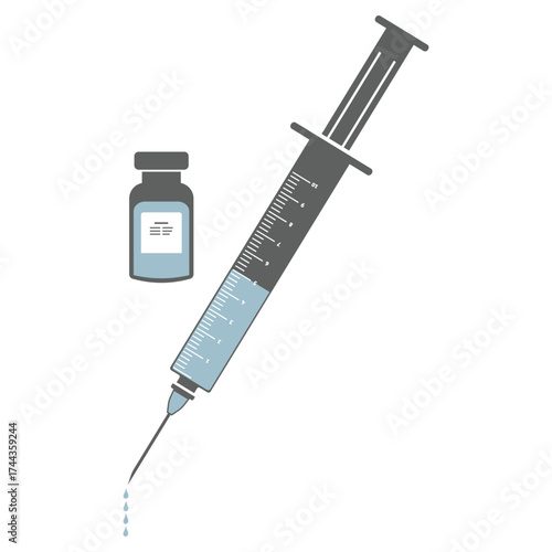 Syringe with blue vaccine, vial of medicine on white background. Vector illustration.eps