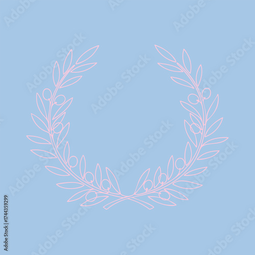 Elegant minimalist wreath design with delicate line art of leaves on a soft pastel blue