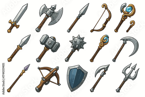 Collection of medieval fantasy weapons featuring swords, axes, hammers, and more