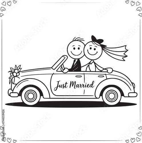 Wedding Car Silhouette: A charming cartoon couple, newly married, embarks on their journey of life together, riding in a vintage convertible.