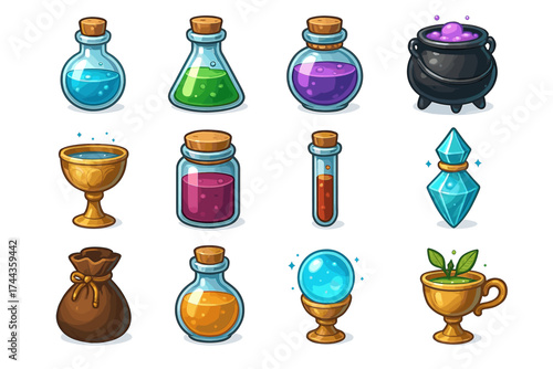 Colorful fantasy potion collection with bottles, cauldron, and gems