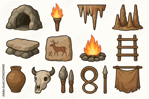 Stone age tools and artifacts: fire, cave, spear, rope, pottery, skull, ladder