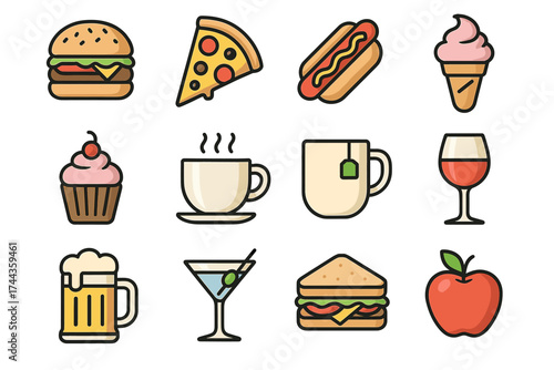 Icon set of popular foods and drinks including pizza, coffee, and desserts