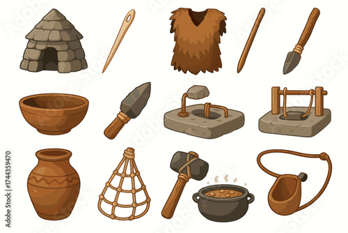 Stone age tools and utensils collection with pottery and clothing examples