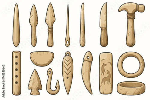 Collection of ancient stone tools and artifacts on white background