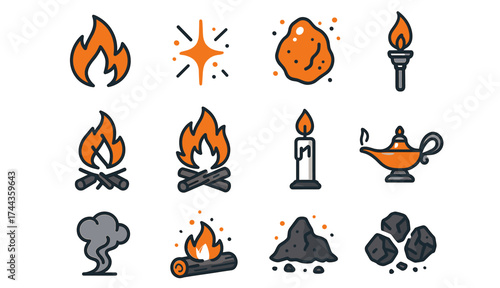 Collection of fire and flame icons including torches, candles, and campfires
