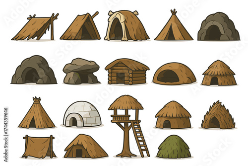 Collection of primitive shelters and huts from various cultures
