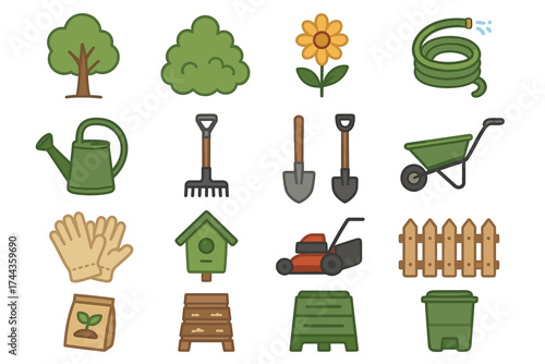 Garden tools and items collection with trees, flowers, and equipment