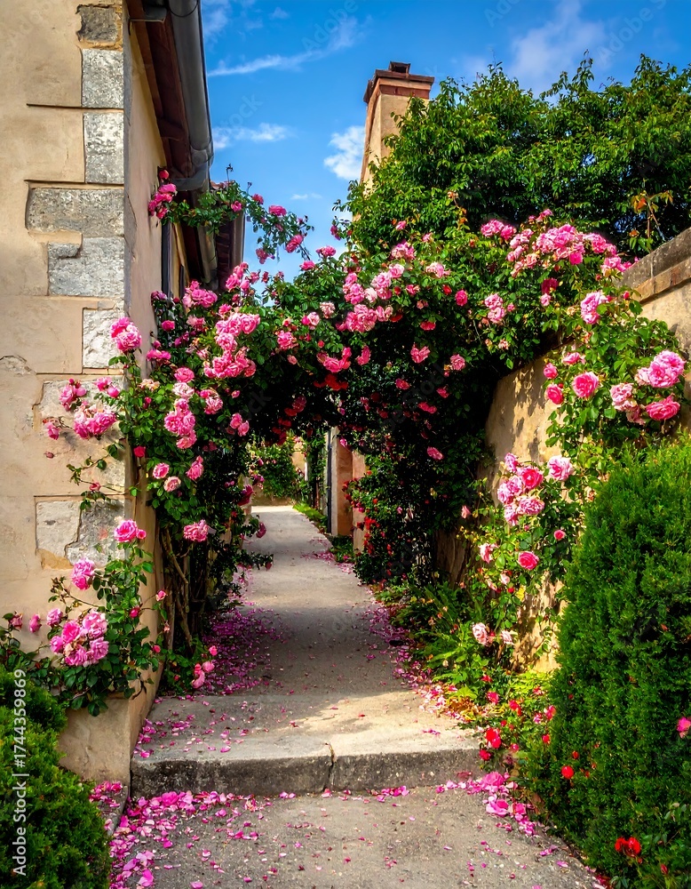 Naklejka premium Rose-covered alleyway in a quaint village
