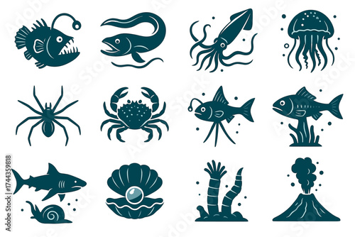 Collection of stylized sea creatures and marine life icons