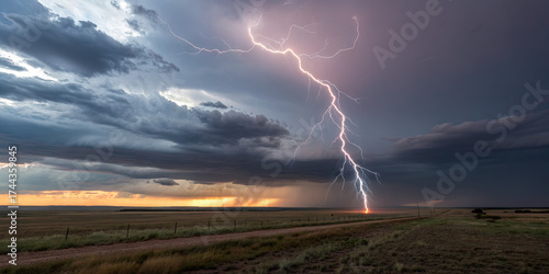 A powerful bolt of lightning descends to the ground near a dirt road as dark storm clouds gather. The sunset casts vibrant colors in the sky, adding to the dramatic scene