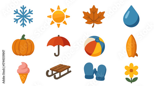 Seasons and weather icons: sun, snowflake, leaf, rain, pumpkin, umbrella, mittens