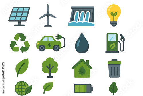 Eco-friendly icons: renewable energy, sustainability, and green technologies