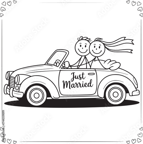 Love on Wheels: A joyous stick figure couple, hand-in-hand, cruises in a vintage convertible adorned with Just Married, capturing the essence of their special day. 