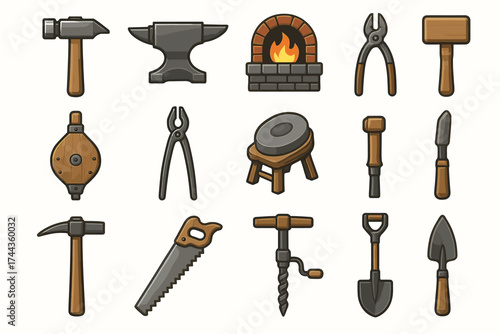 Vintage tools set: anvil, forge, hammer, saw, tongs, shovel, trowel - classic craftsmanship icons