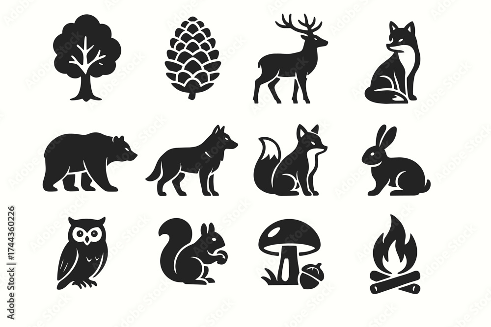 Fototapeta premium Silhouettes of forest animals and nature including deer, fox, and tree