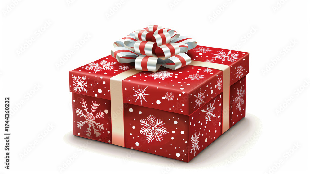 Fototapeta premium Classic red Christmas gift box decorated with a white bow and snowflake patterns, ideal for festive ecommerce promotions, holiday posters, and seasonal cards.