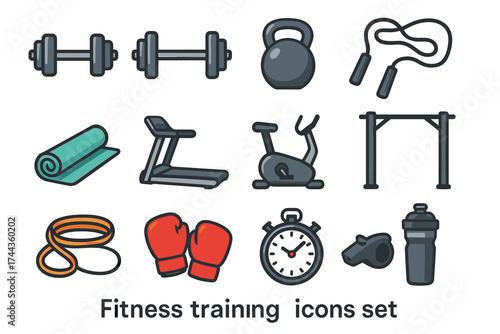 Fitness training icons set: dumbbell, kettlebell, jump rope, treadmill, punching bag