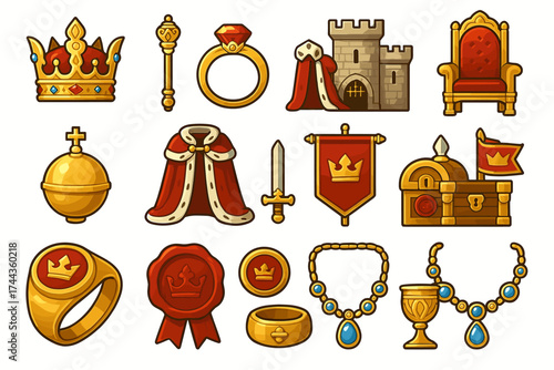 Collection of medieval royal objects: crowns, scepter, throne, sword, and jewelry