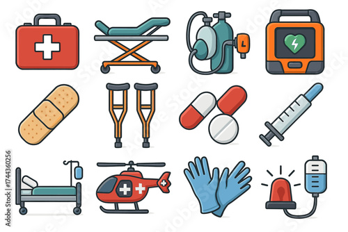 Comprehensive medical equipment icons collection featuring emergency tools
