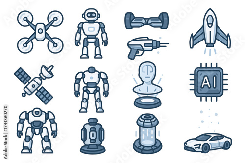 Futuristic technology icons: robots, drones, ai, and spacecraft illustrations