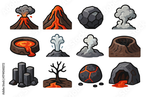 Volcanic icons collection: eruption, lava, smoke, magma, rocks, landscapes