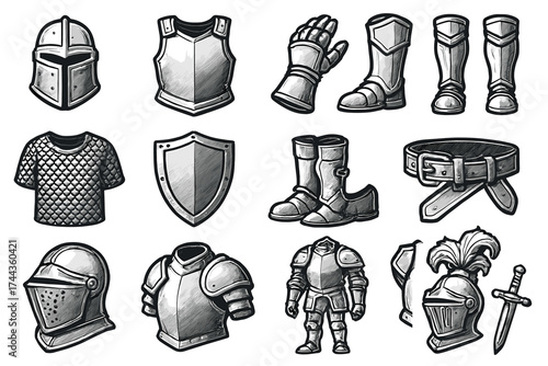 Collection of medieval armor and helmets featuring shields and protective gear